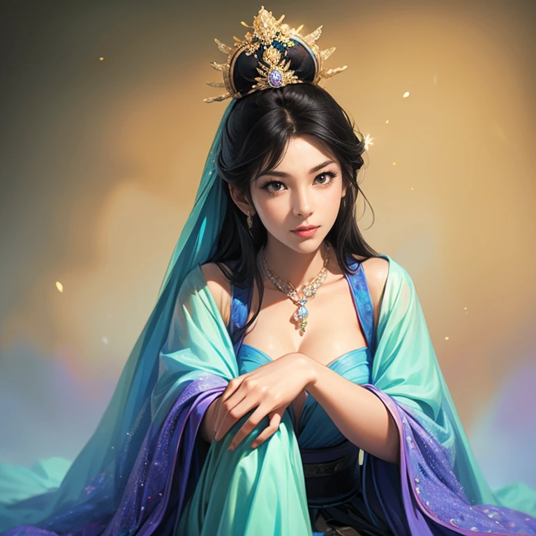 ((  from head to toe)), Three  period paintings  , Female solo ,  Beautiful young woman ,  meme,  perfect hands  , (  black hair ),   set her eyes straight  ,   Excited face , Varied forms of  expression,  Fully varied positions ,   stance,  Sitting position , amazing background ,  Blurred image 