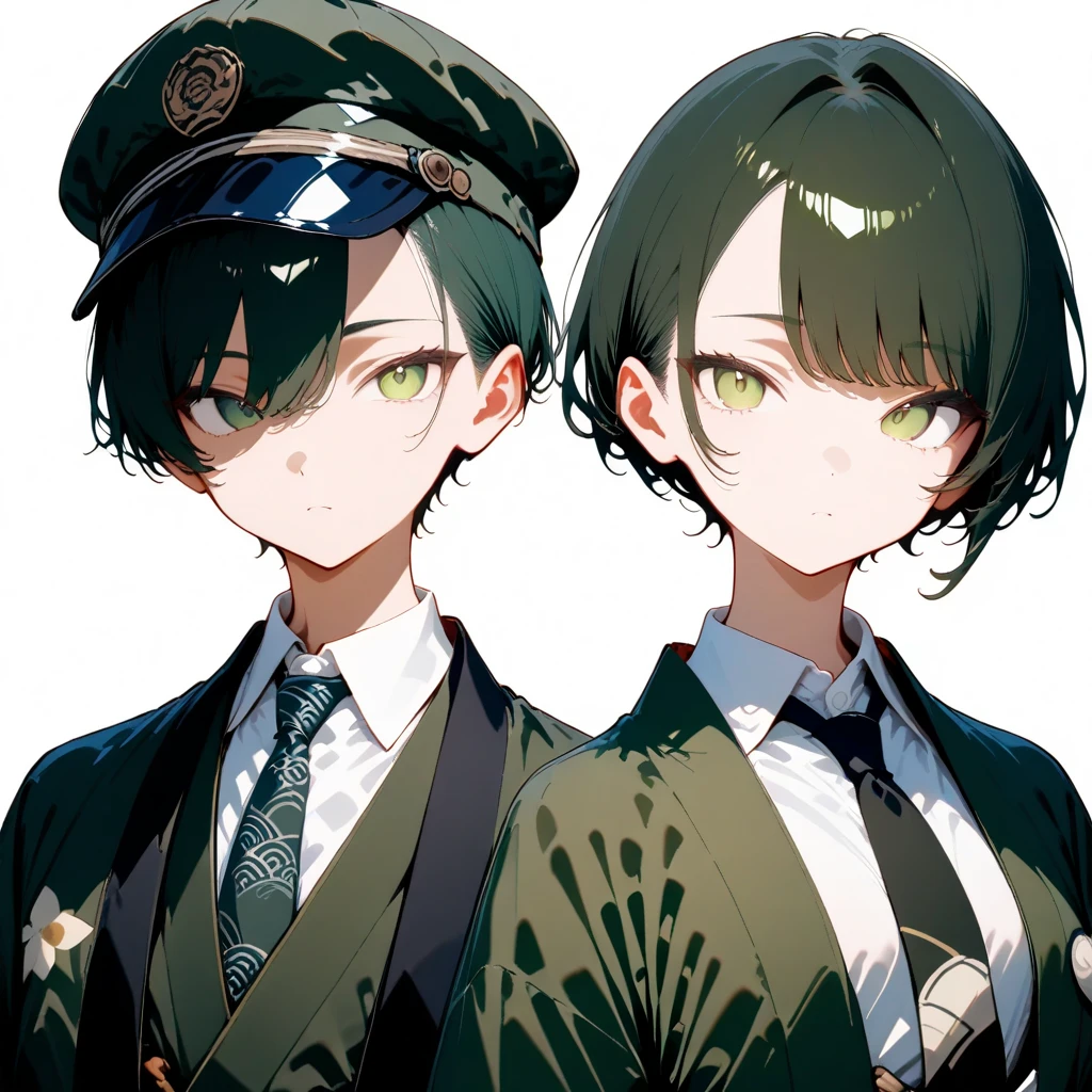 ((((Red eyes　Green Hair))))　(((Long tied back hair　White shirt　Black trousers　suspenders)))　((Black tie　Rin々Funny face　boyish　woman))