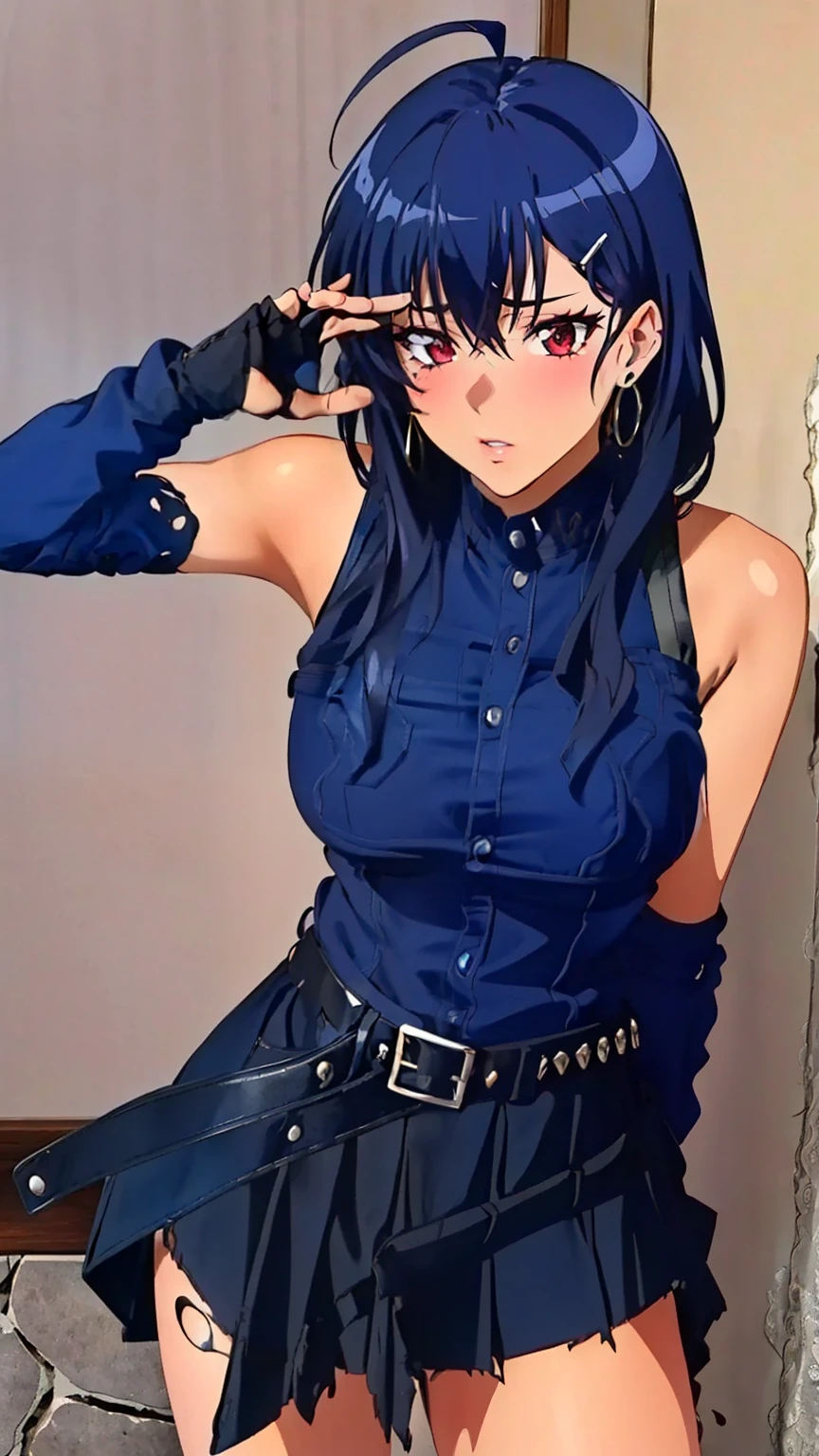(Top quality, masterpiece, 8k), (Realistic skin texture), (anime coloring), very detailed, very detailed, beautiful eyes, perfect eyes, detailed eyes, feature large highlight, detailed face, ultra-detailed, detailed eyes, symmetrical eyes, (dynamic angle), sharp details, reiko, 1girl, solo, standard height, blue hair, long hair, hairclip, ahoge, red eyes, (slender), (slim), (medium breasts:1.2), (nffsw),(Street Rock Fashion, (black clothes:1.3), torn skirt, fingerless gloves, belt, earrings, Heavy makeup, Street corner ), (sexy pose:1.3)), (cowboy shot:1.2),