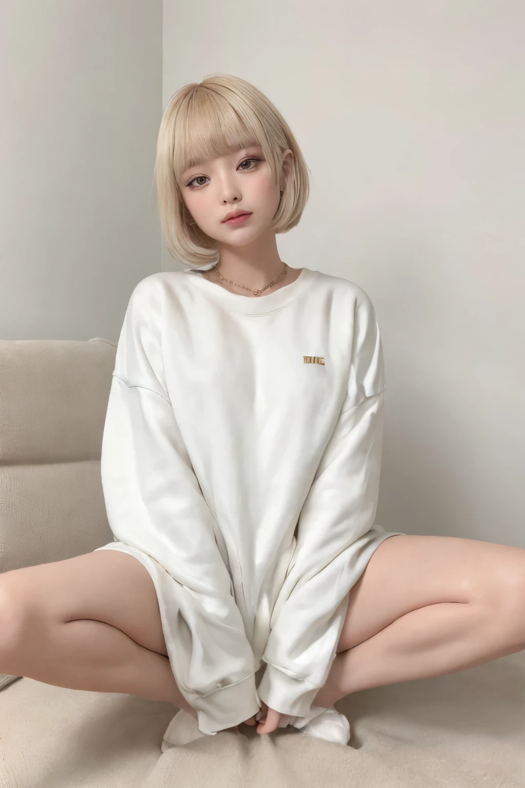 greatest masterpiece、(top quality:1.4)、(nsfw)、1girl、Super Detail　 Gold、Gold Hair、Bob、Short Hair、Blunt Bangs　small face、big eyes、Heavy makeup　big size sweatshirt、sweat wrinkles、 long length　soft thighs、 thin legs、long legs、bare feet、WHITE PANTY　床に座る、sit with your knees standing