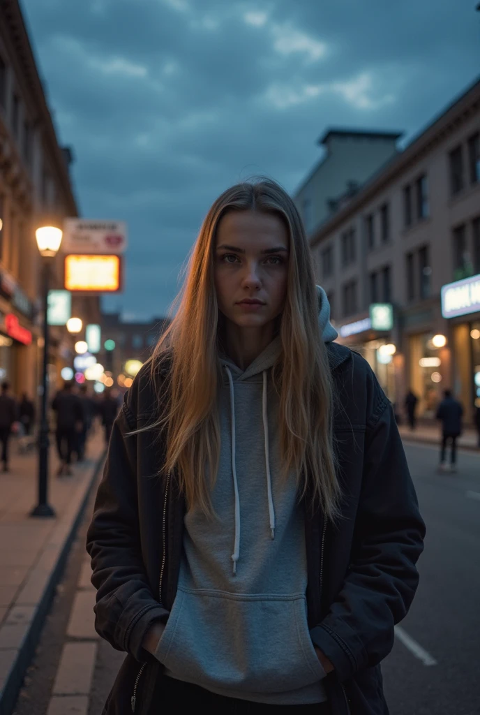 Girl with Blonde Hairs and Blue eyes, small nose, wearing a black
jacket, infront of a hotel, at night
