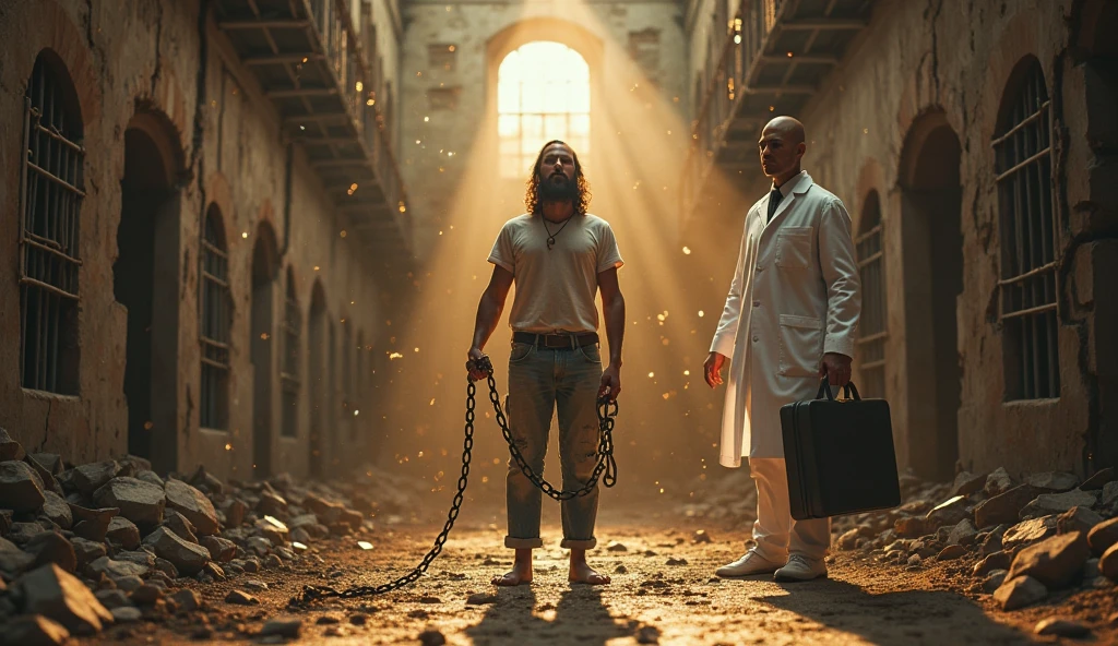 A cinematic, ultra-realistic 8K photograph capturing a dramatic and symbolic moment inside an old, deteriorated prison cell. The iron bars of the cell lie broken and twisted on the ground, while the cracked walls are partially collapsing, with debris and dust scattered across the floor. Golden light particles float in the air, illuminated by celestial beams of light pouring in through cracks in the ceiling and shattered windows, creating a deeply spiritual and redemptive atmosphere.

In the center stands a 30-year-old prisoner with the worn appearance of someone much older, hardened by years of suffering. He is about 1.70m tall, with long, unkempt hair, a thick beard, dirt-covered skin, and a face marked by deep faith. He wears a torn, blood-stained white T-shirt, faded, ripped, and dirty jeans, and he is barefoot, with wounded feet.

The prisoner is standing still, facing the camera directly, with both arms slightly spread apart and his hands positioned exactly at  height, pulling the chains attached to his wrists outward to the left and right in an effort to break free. The image is captured at the exact moment the chains snap, with broken metal links flying through the air. A portion of the chain remains hanging from each wrist, and his arms show wounds caused by the .

To the prisoner’s right stands a doctor, also 1.70m tall, around 40 years old, very handsome and youthful-looking. The photo captures the precise moment the doctor begins turning toward the prisoner, so his body appears almost in profile, caught in mid-motion. He wears an extremely clean, glowing white lab coat, white dress pants, and white formal shoes, and carries a black medical briefcase in his left hand. His expression is calm, focused, and compassionate.

The composition is horizontal and cinematic, with both characters standing side by side, their individual traits clearly distinct and not overlapping. The prisoner represents pain, faith, and redemption, while the doctor symbol