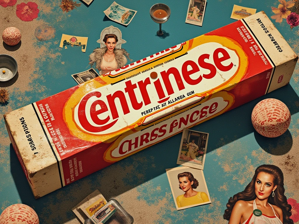 Vintage collage of a old stick of gum, lots of weird 80's aesthetic, collage of pics of ridiculous parallels like freshness and vacuum sealed for ultimate flavor.