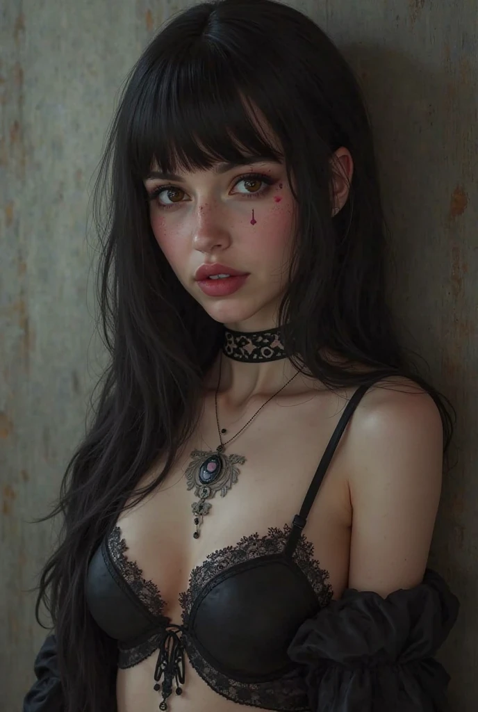 realistic epic, Woman crying with (goat horns 1. 2), sad look, deeply sad facial expression, red and swollen eyes, furrowed eyebrows, red nose, wet cheek, half-open mouth (blood tears 1. 2), (bloodstains on face 1. 4), (dark shot: 1. 4), black hair, beautiful detailed eyes and ears, dramatic lighting, painting style, Gothic art, black eyes, by French painter Alexandre Cabanel, oil painting, (realistic details), (poor peasant clothes 1. 2), veil, neckline, (bare shoulders), gothic lighting, old gothic cathedral background, dim lighting, gloomy