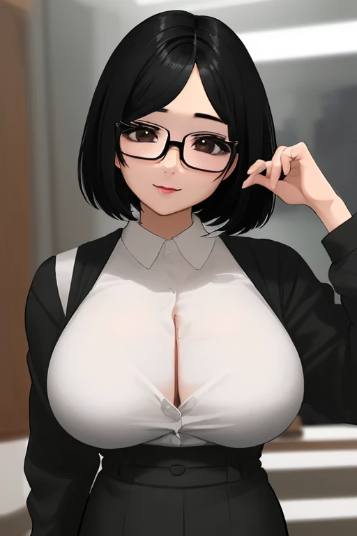 Detailed Refined Intricate Gradients, 1girl, deep cleavage, breasts, office, hallway, from the front, leaning forward, breast, hands on knees, wide shot, open white blouse, black skirt, glasses, unbutton