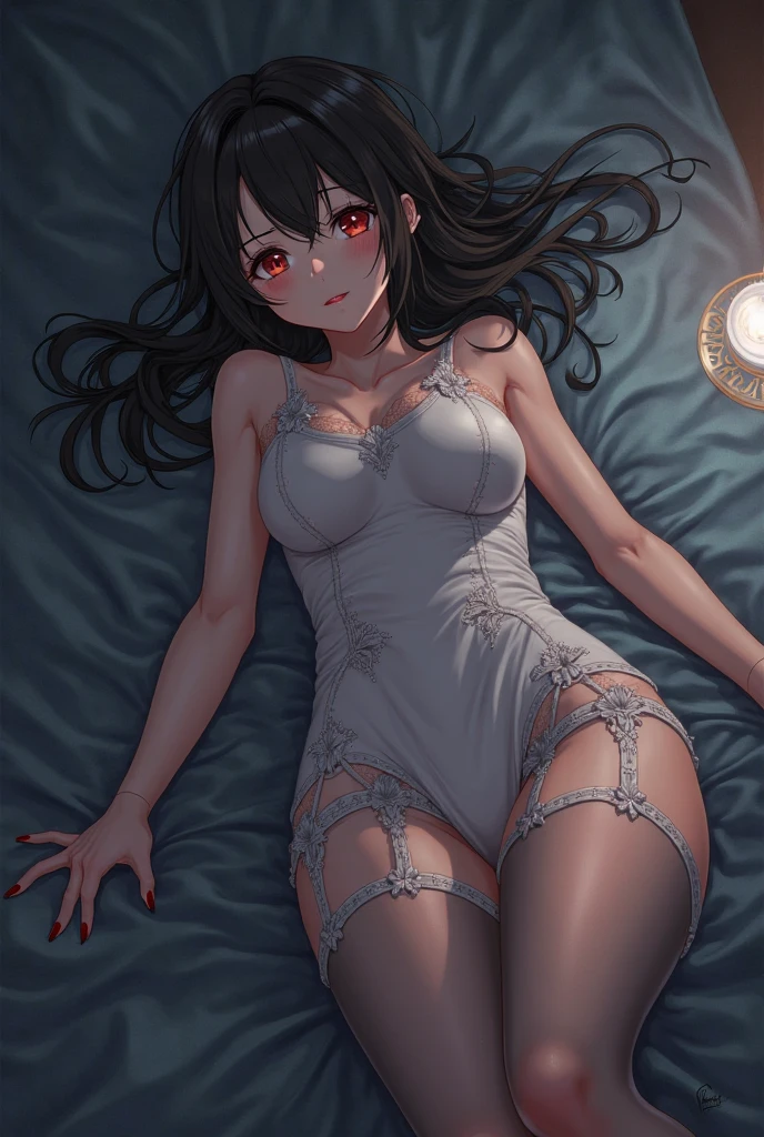1girl, black hair, red eyes, small breasts, medium ass, black dress, arms up, spread legs, ahegao, ahegao face, wet, wet armpits, sweating, sweating armpits, mano tocando su entrepierna, acostada en la cama, semi desnuda  