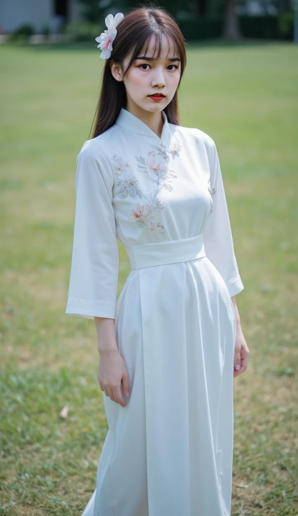 araffe woman in a white dress and hat posing for a picture, elegant slim beige shirt, White Hanfu, with acient chinese clothes, Hanfu, Traditional Chinese clothing, Cheongsam, jia, shaxi, Wearing ancient Chinese clothes, Inspired by Dai Xi, cream colored blouse, inspired by Gu An, inspired by Cui Bai, Chinese dress