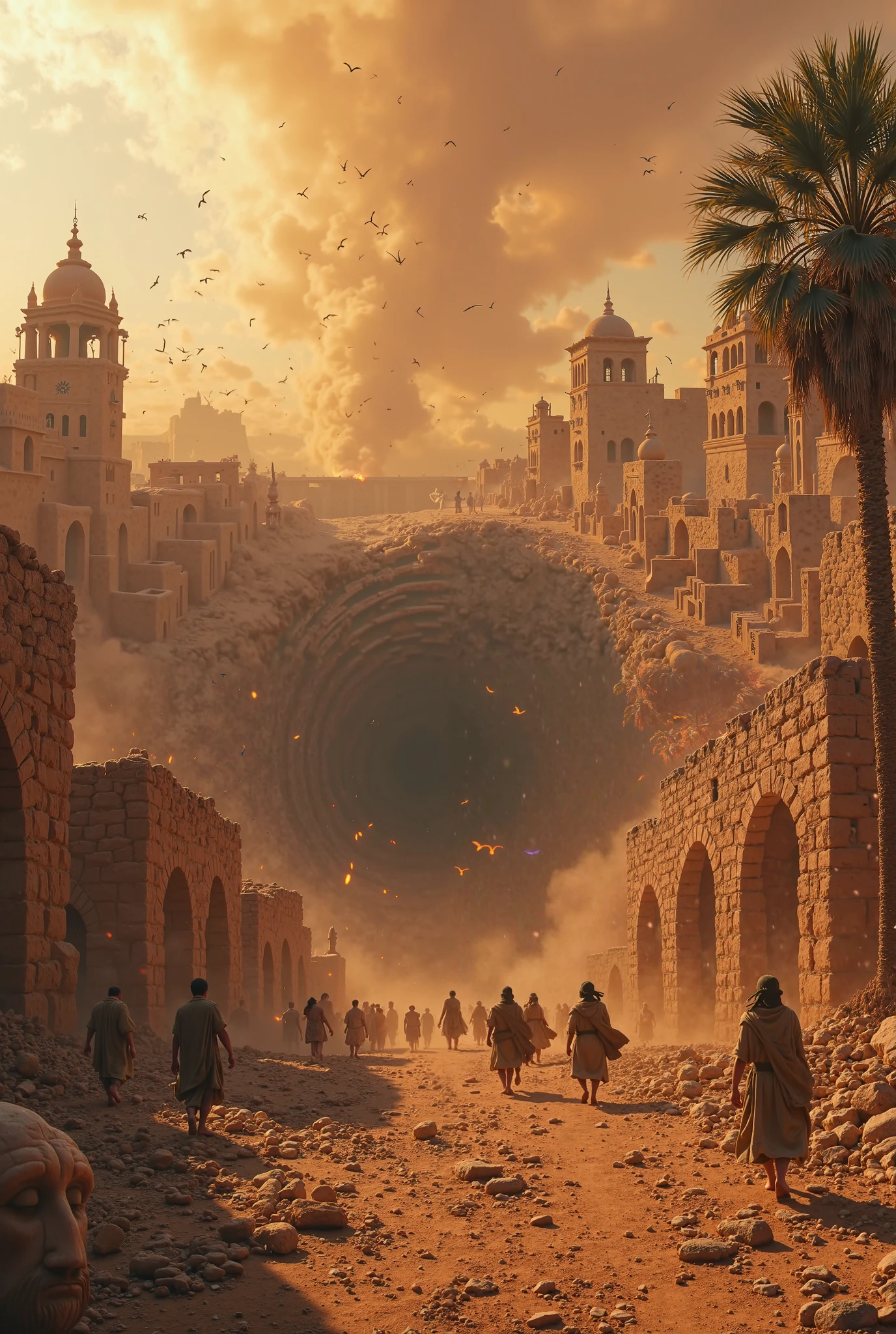 A hyper-realistic, wide-angle cinematic image captured from a slightly elevated perspective, showing the dramatic collapse of an ancient desert village into a massive pit. The architecture is ancient, with sandstone buildings, crumbling arches, narrow dusty alleys, and shattered towers. The scene focuses on a few terrified villagers in ancient clothing, fleeing the chaos, some frozen in horror, while others are caught in mid-air, being dragged toward the deep pit.

The pit is deep, tearing through the earth at the center of the village. The surface of the earth cracks open as stones, fire, and people are sucked into its swirling core. The vortex appears as a dark, spiraling hole, pulling everything into it. Smoke and glowing dust rise high into the sky, swirling and twisting.

The lighting from the sunset casts warm, cinematic hues across the scene—shifting from golden to reddish-orange, deep violet, and dark shadows creeping over the wreckage. The atmosphere is filled with tension, mystery, and tragedy, with the ruins of the village bathed in dramatic light. In the background, palm trees bend unnaturally toward the vortex, while a few scattered birds fly away in panic.

A broken statue of a forgotten figure lies half-buried in the dust, symbolizing the fall of an ancient civilization. The emotional tone of the scene is epic, tragic, and mysterious—capturing the final moments of a once-great civilization. Style: Hyper-realistic photography with cinematic lighting, sharp details, and a deep emotional atmosphere. Orientation: Wide landscape, large size with high detail.