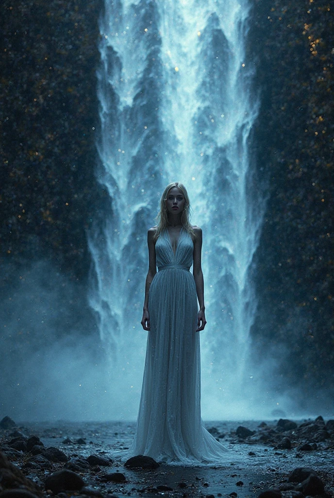 black background 
looking at the camera, full-length beautiful girl, waterfall, landscape 
beauty and serenity 
expression, grace , Futurism, Pointillism, modernism
silver,  neon glow 
Lee Bogle