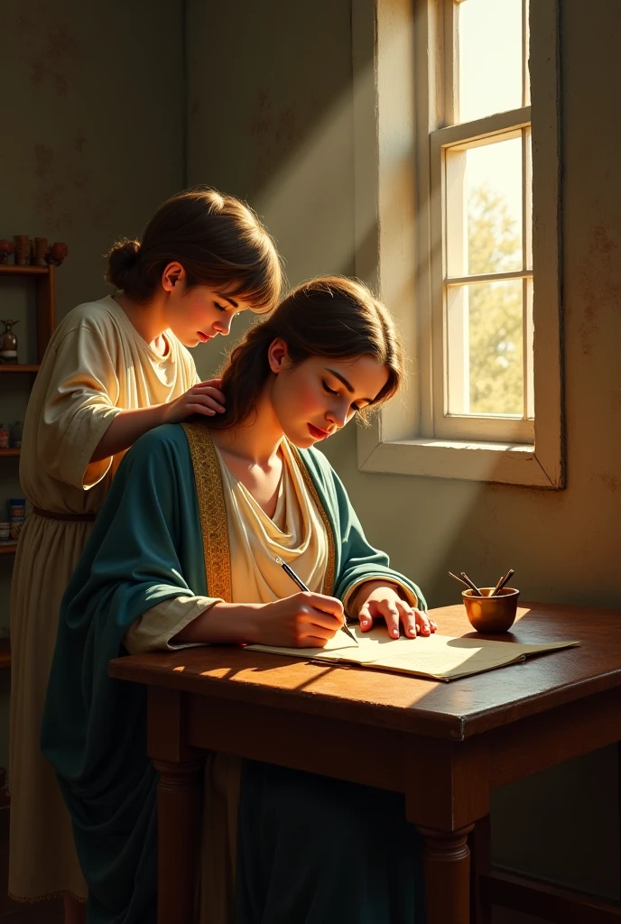 Our Lady Mother of Jesus writing a letter and Jesus behind her looking at what she is writing 