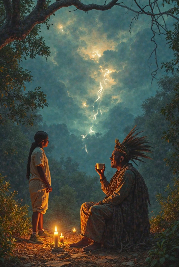A humorous and symbolic scene showing a person waiting for a miracle with trumpets floating in the sky, but nothing magical happens. Instead, an Exu sits calmly at a crossroads, drinking coffee and smiling ironically. The atmosphere blends spirituality and humor, with soft lighting, mystical elements, and subtle Umbanda touches like candles, cigars, and herbs