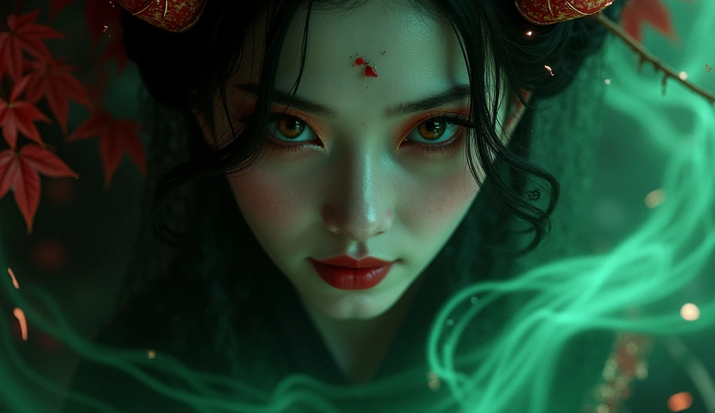 close up close in the eye of a dark and elegant woman, of Oiran emerges from the darkness of the night, com uma beleza sublime de folhas vermelhas vibrantes dark green energy, alma DARK GREEN, DARK GREEN, aura DARK GREEN em redor dela. The contrast between deep darkness and vibrant colors creates a striking visual, in ancient China Japanese climate capturing the eyes and hearts of those who contemplate it. dark green energy, Black green around her, fumaça Black green around her, Green energy surrounding her, aura of fire gold , energia, fundo verde, green fire during the dark night, scenario war destroyed on the epic empty background , blazing green during the night lots of heavy metal green flames, Fire Black Background White line of black fire falling horizontally with a black background, preto, dark matter , meteoros, fragments of chaos , Black flames, medieval war scenario empty face pretty face,extremely detailed,intricate details,eyes extremely detailed, high detailed eyes,16k resolution, realistic humid skin,extremely intricate details, epic realistic ,face anatomically cor