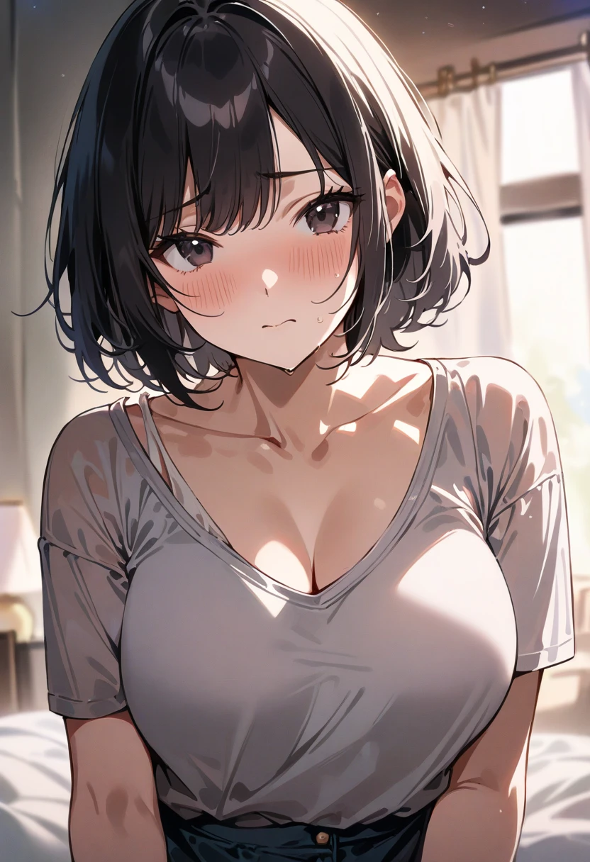 motherly, mother, youthful appearance, milf, shortcut, short hair, black hair, mole under the left eye, sweater, big breasts, chubby, motherly body, sad expression