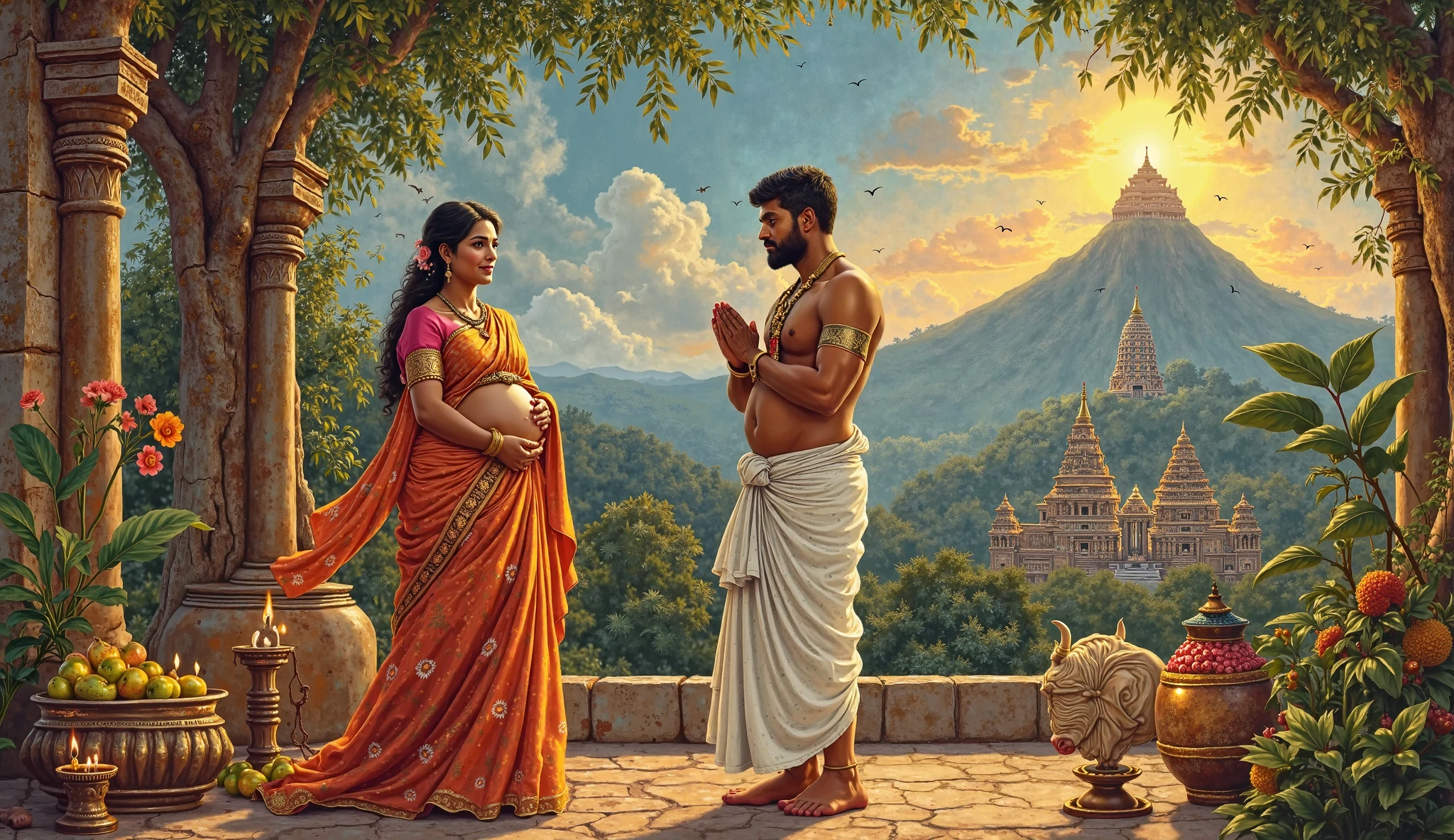 A kerala 2d beautiful pregnant hindu girl wearing a white kerala saree, bhindi, jwellerys, jasmin on th hair standing with a traditional fat 50 year old arab muslim man
They are standing in front of mosque and mhslim flag can see there