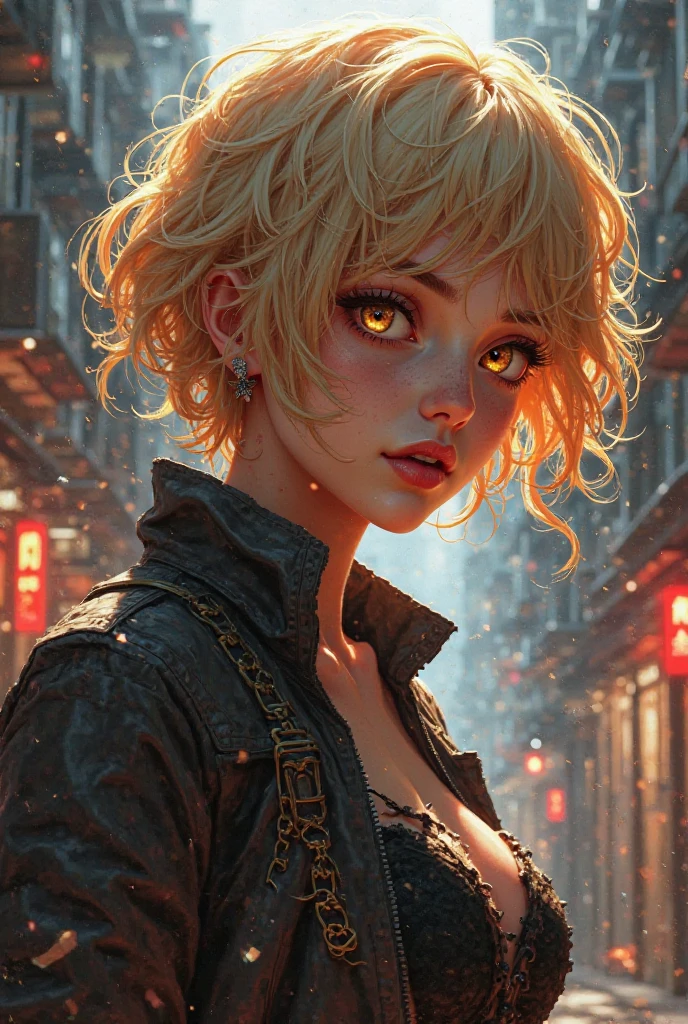 anime women, dark outfit with red and blue details, white hair, (golden dragon eyes) standing in a rain soaked, city street at night, photorealistic, cinematic lighting (best quality:1.2),ultradetailed,(photorealistic:1.37), neon lights, vivid colors,bokeh,[realistic], angry looking face with smirk on mouth, piercing, ABS, (looking up), ((face piercing)), gaze, 4k, particles in the air, powers, amazing art work full of details