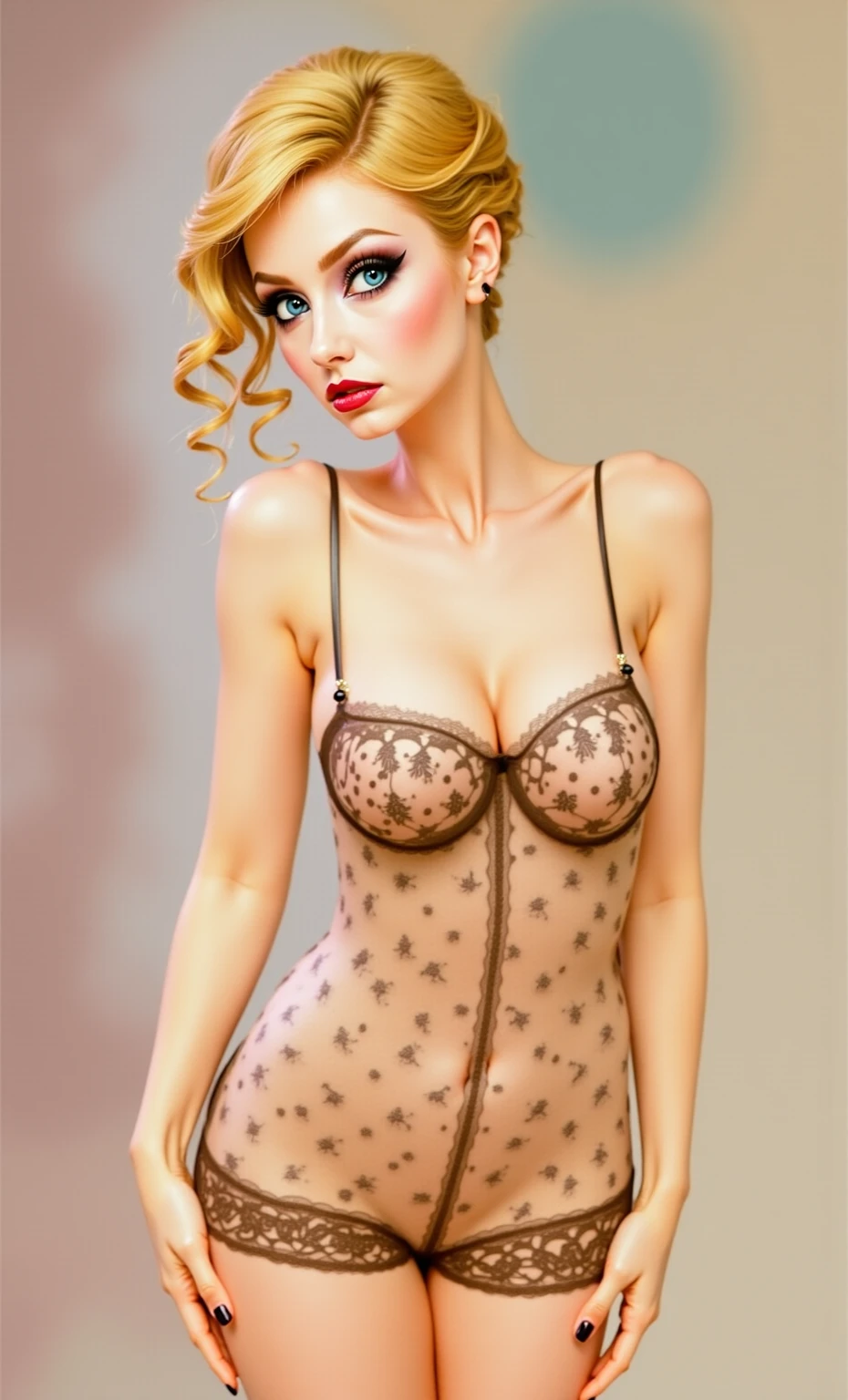 woman, fancy, red lipstick, makeup, cigarette, smoking, light blue eyes, long eyelashes, parted lips, small breasts, sexy lingerie, blush, shy, short curly blonde hair, (sketch:1.2), upper body, dark, noir, indoors, masterpiece, best quality, absurdres