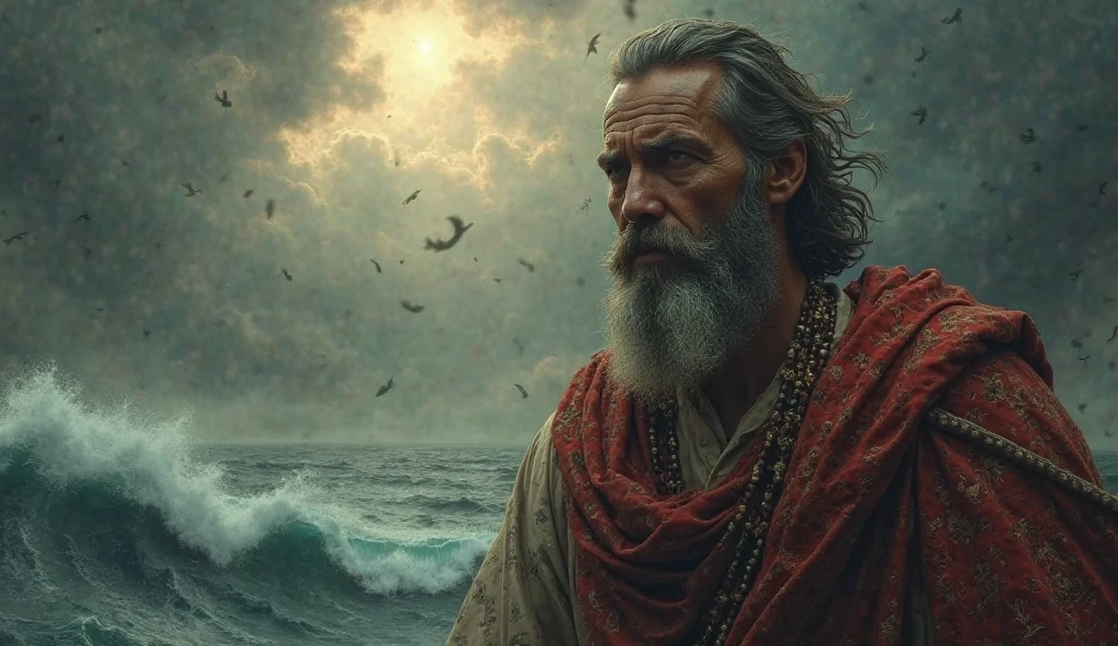 A long time ago... there was a noble prophet named Yunus, who boarded a ship, fleeing from his people after their persistent disbelief: 8k, highly detailed, photorealistic digital painting, dramatic lighting, cinematic composition, intricate details, moody atmosphere, masterpiece, chiaroscuro, dramatic lighting, cinematic composition, epic fantasy, classical oil painting style, dramatic portrait, realistic skin textures, intricate robes, intense gaze, rugged facial features, billowing waves, stormy sea, cloudy sky, sunlight piercing through clouds, divine light shining on Yunus, sense of awe and reverence.