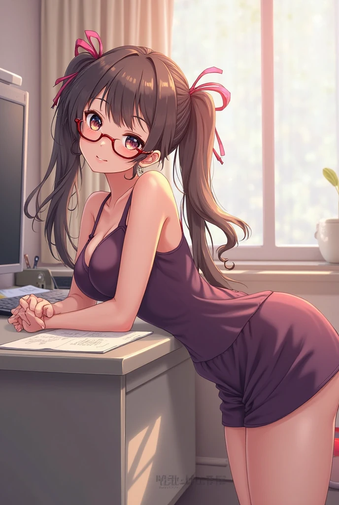 High resolution, high quality, 1 girl, anime girl, Brown hair long hair, brown eyes, green glasses, sunburned skin, big breasts, (big ass),pink cardigan,white draped skirt,white knee socks,lower body,straddle the chair,