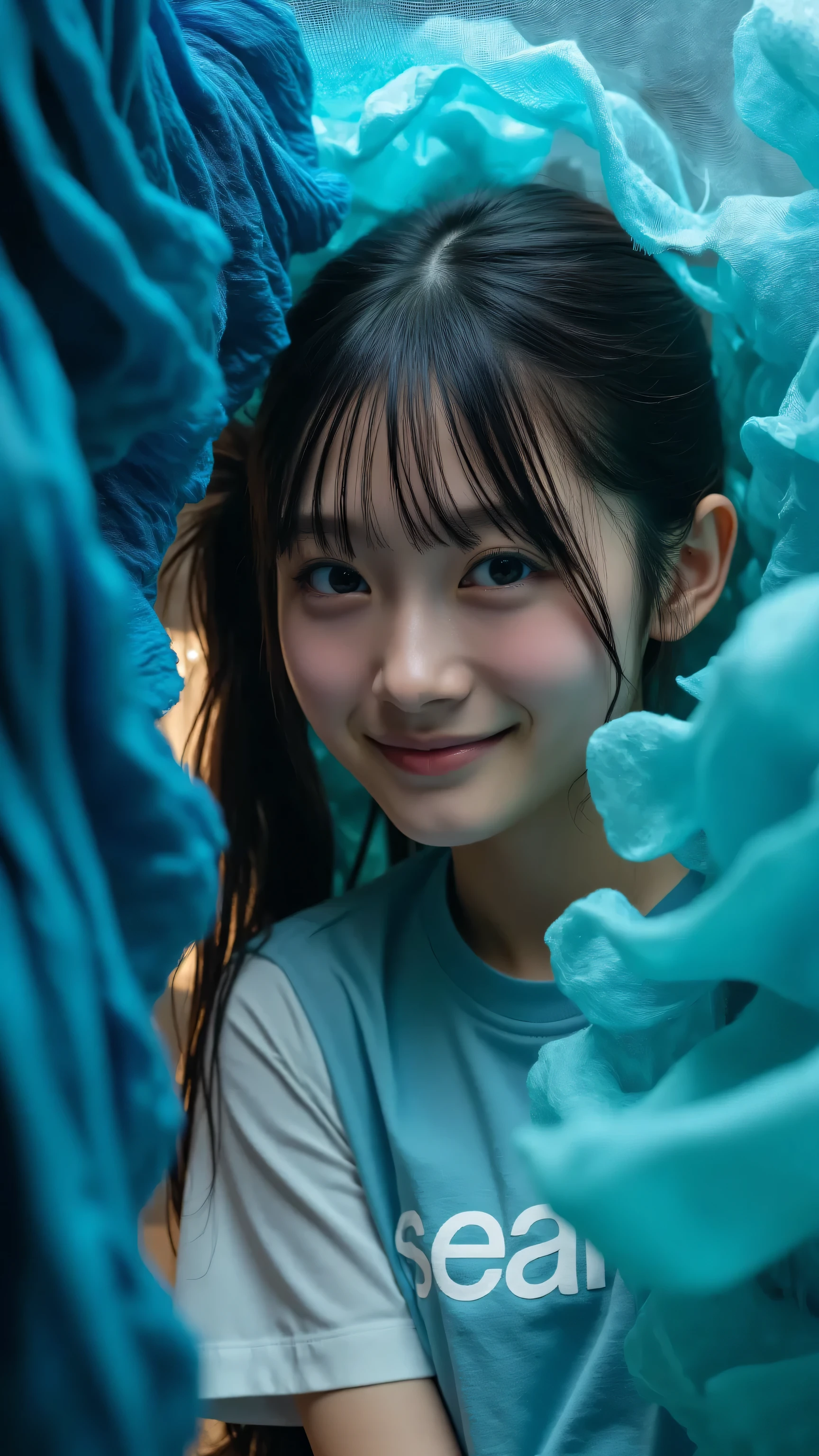 Create a captivating close-up of a young woman's face, set against the soft glow of a blue organza ceiling. Her eyes seem to reflect the vibrant colors of ocean waves, echoing the hues of the "seaart" logo on her T-shirt, which gradates from deep blue to teal. The fabric of her shirt appears to blend with the undulating creases of a nearby wall installation, softly illuminated to create a surreal ambiance. Incorporate diffuse lighting to enhance the dynamic effect of the installation, making it seem as though the ocean's essence is reflected in her gaze. Focus on capturing the subtle expressions and emotions on her face, blending them seamlessly into the oceanic theme.