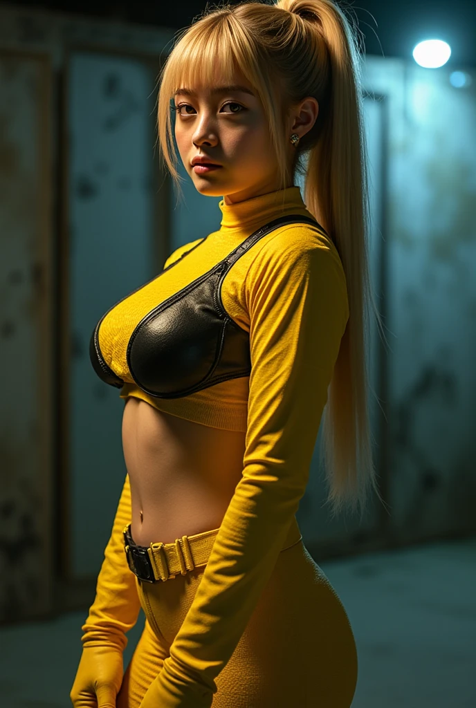 (Realistic, Photorealistic), (8k, RAW Photos, Best Quality, Masterpiece), beautiful Woman, tanned skin, asian, on all fours, Ultra Detailed, Kodak Vision Color, Bokeh, Sharp Focus, long-sleeve, (argyle lycra suit:1.2), skin tight, (large breasts), (cleavage), (bowtie), boots, braided hair, blonde hair, beautiful detailed eyes, red cheeks, outside, park, sunset, trees, sexy pose, seductive pose