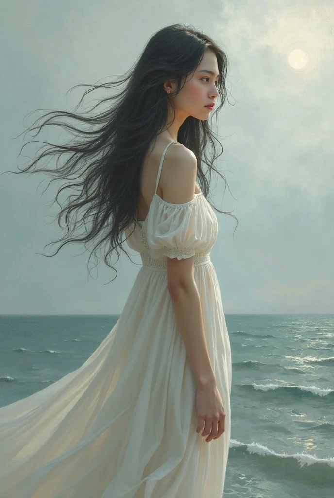 A painting of a beautiful woman with long flowing hair, standing alone on a quiet seaside. She wears a delicate white dress that flows with the wind. Her back is slightly turned, and her sorrowful eyes look out over the ocean, filled with deep sadness and silent longing. The sky is cloudy and moody, casting soft, grayish light over the scene. Her posture is gentle yet heavy with emotion, as if carrying a quiet grief. The painting style is soft and expressive, capturing the melancholic atmosphere with muted tones and delicate brushwork.