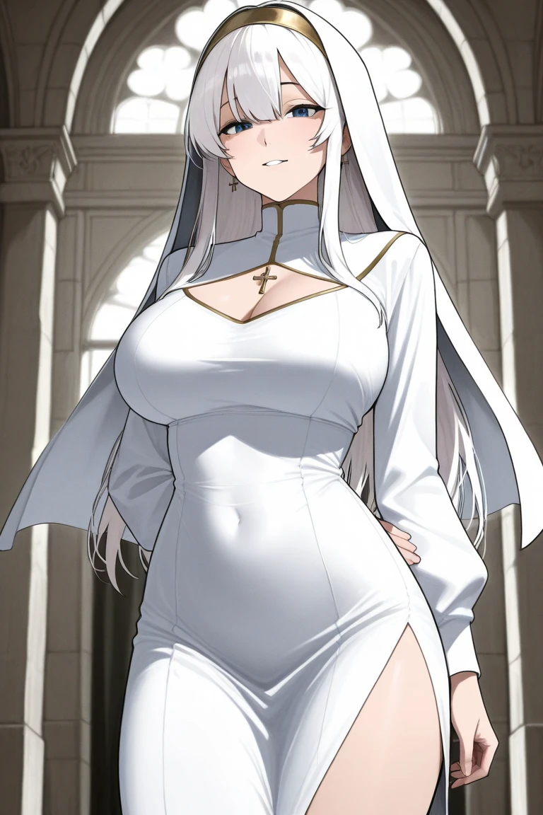 (Best Quality, 4K, 8K, hight resolution, masutepiece:1.2), Ultra-detailed, (Realistic, Photorealistic, Photorealsitic:1.37), Mature Woman,adult lady,inside a church,in night,masutepiece, Highest Quality, Ultra-fine,max resolution, Extremely detailed, ((nun)),Slender lower body,overknee socks,(((Beautiful skins))),red blush,(a miniskirt),Seductive thighs,thong,White panties,a blond,The long-haired,cowboy shot,The skirt is twisted