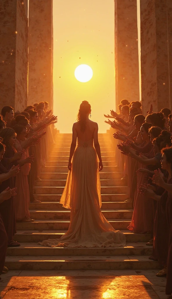 A cinematic moment of the queen stepping down palace stairs with people bowing, her figure framed by rising sun, long robe flowing, golden sandals glowing — high drama, ultra-detailed, movie poster vibe.
