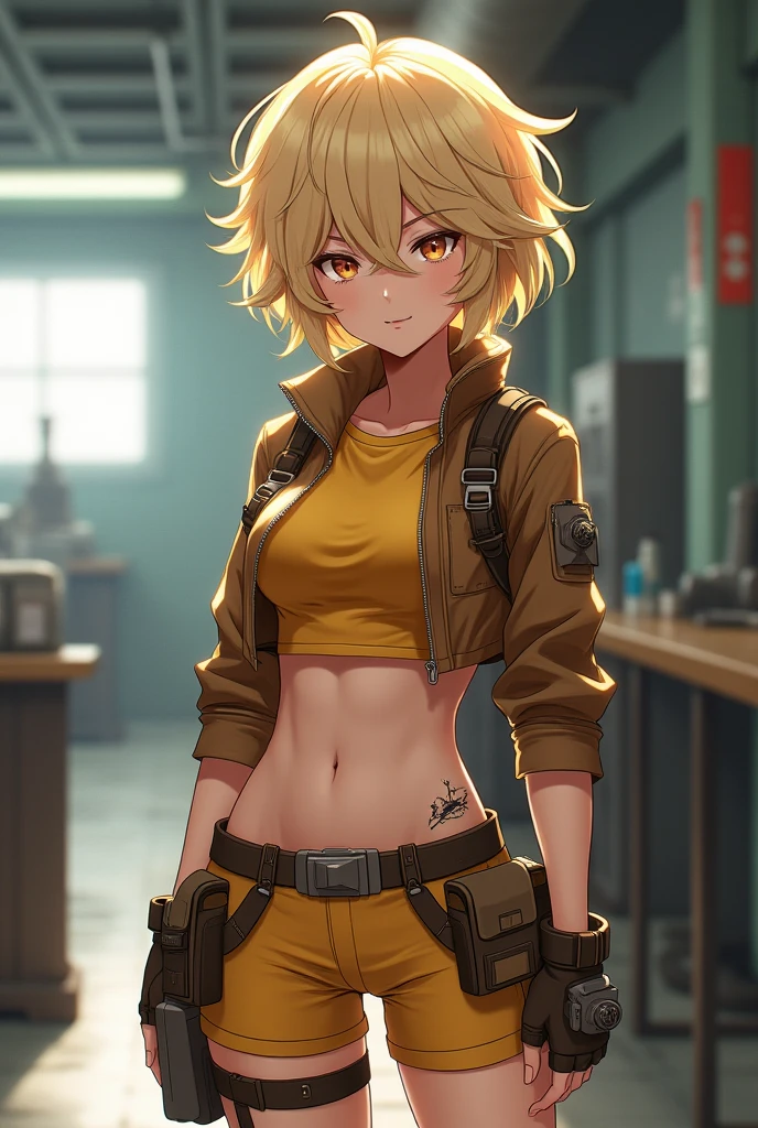 4K anime style quality, a chaos-themed female character, a semi-realistic illustration, with short curly blonde hair, fierce brown eyes with intensity, elegant white skin, and scar adorning hourglass body, wearing her layered work outfit, a yellow long-sleeved shirt, a brown cropped jacket, yellow tight-fitting shorts, brown work boots, and multiple utility belts and straps around her waist, with a feminine contour, standing in a brightly lit, futuristic workshop, her pose radiating strength, dynamic pose, intense cinematic lighting, perfect anatomy, intricate scar and outfit detailing, full HD, 4K, HDR.
