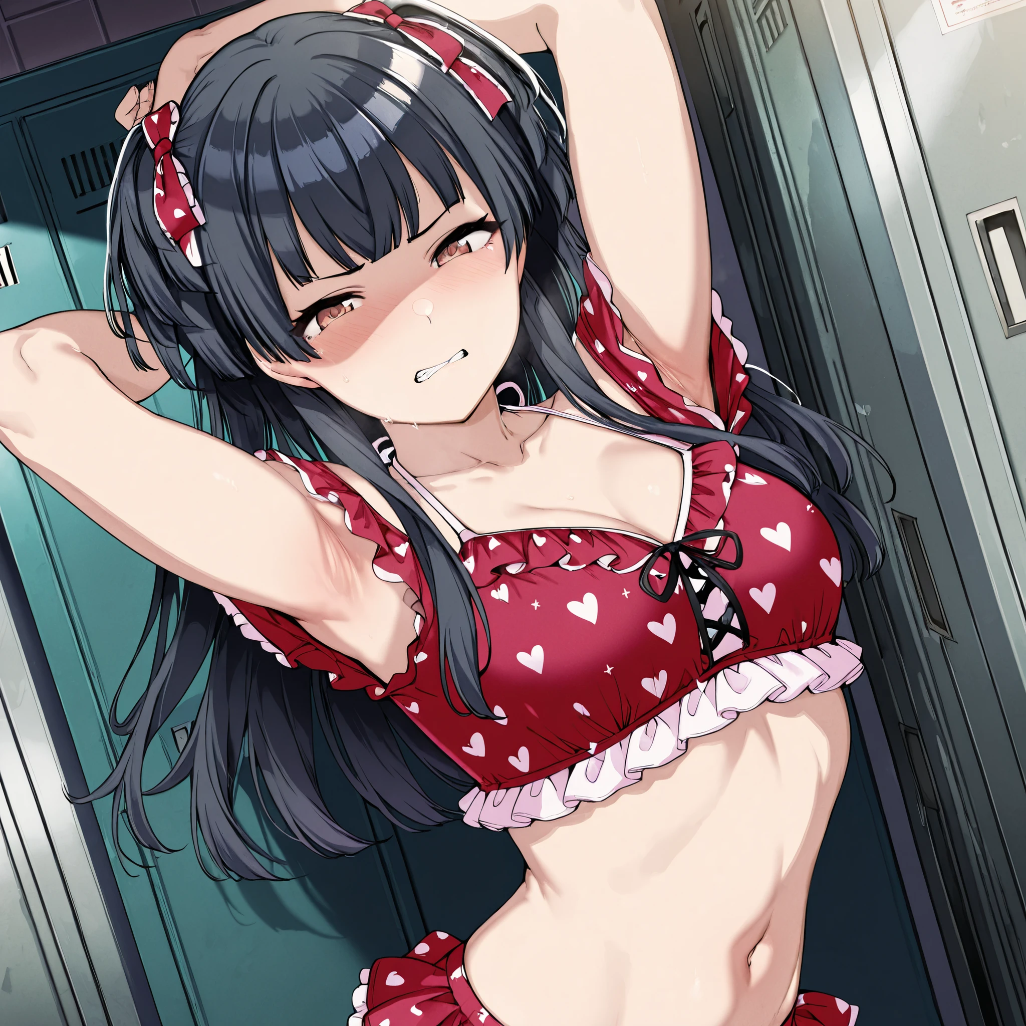 1girl,mayuzumi_fuyuko, (brown eyes:1.3),black hair, (brown eyes:1.5), long hair, two side up,bikini, frilled bikini, frills, heart, heart print, navel, print bikini, red bikini, swimsuit,
,BREAK, armpit, arm over head, left arm over head. focus on armpit,
shaded face, ,blush, (narrowed eyes:1.4),\(troubled eyeblows:1.5\), disdaining , (dissapointed:1.1),(clenched teeth), look down at viewer, masterpiece,absurderes, beautiful detailed face,
BREAK, masterpiece,absurderes, beautiful detailed face,(masutepiece:1.2), Best Quality, High resolution, Unity 8k wallpaper, (Illustration:0.8), (Beautiful detailed eyes:1.6), extra detailed face, Perfect Lighting, extremely details CG, (Perfect hands, Perfect Anatomy)
,BREAK,Alp,
,looking at viewer, glare at viewer,
from side,show armpit from short sleeves,face closeup
((masutepiece,hight resolution)), masutepiece, Best Quality, , absurderes, Perfect Skin, Detailed skin texture, ultra-detailliert, 8K, Intricate details, beautifull detailed face,hight resolution, 1girl ,from front,
indoors,locker room