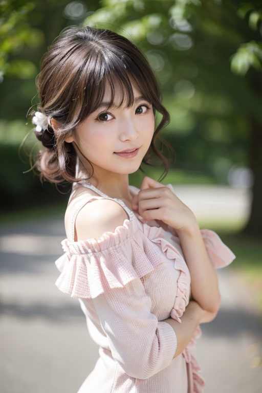 Japanese,Youthful, vibrant, elegant,upper body,Soft, natural lighting,Outdoor setting or studio with a natural backdrop,Bright and lively colors,focus on the hairstyle and facial features,Gentle and inviting expression,Contemporary fashion style,