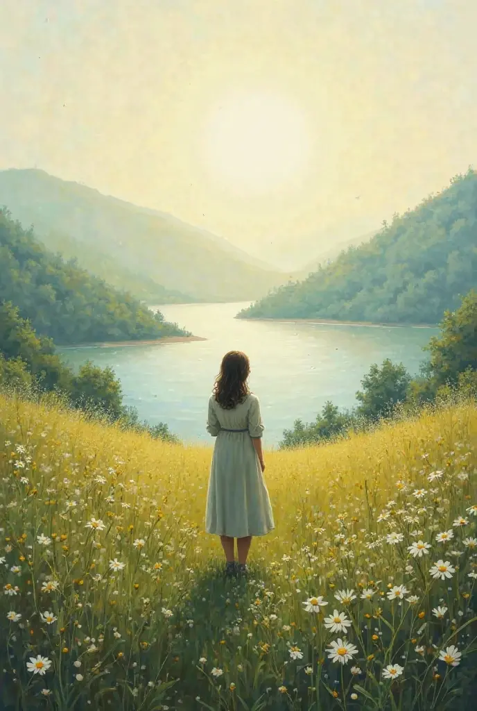 A painting with a portrait of a landscape in which a lush, flowery plain and mountainous is visible in the distance, there is a girl in a plain of flowers