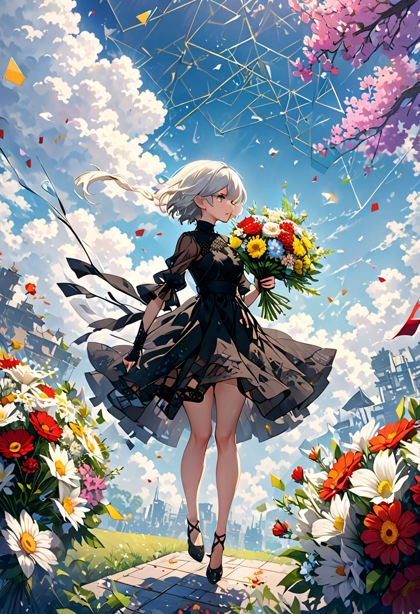 in Style of Jean-Baptiste Monge,in style of Santiago Caruso,in style of David Sims,
1girl,long white hair,black uniform,stockings,bust,
a bouquet of black lilies,wide-angle photography,portrait,psychedelic,from below,surrealism,