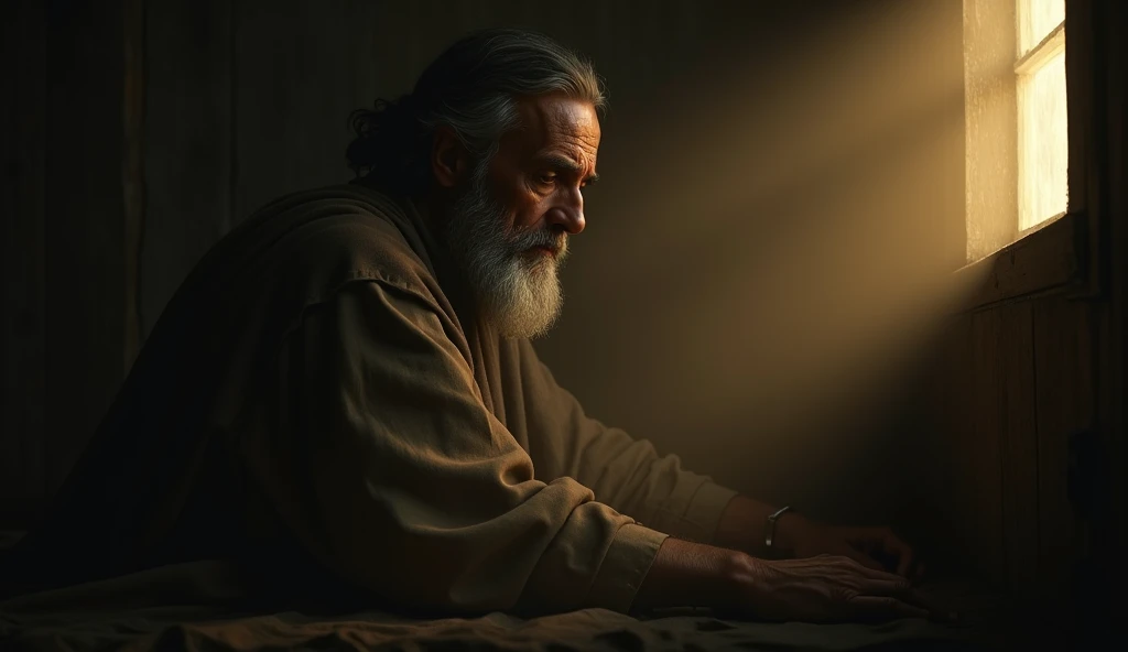 Ultra realistic 8k image of
"Man crying silently inside a dark room, with a soft light coming through the window, symbolizing divine presence"