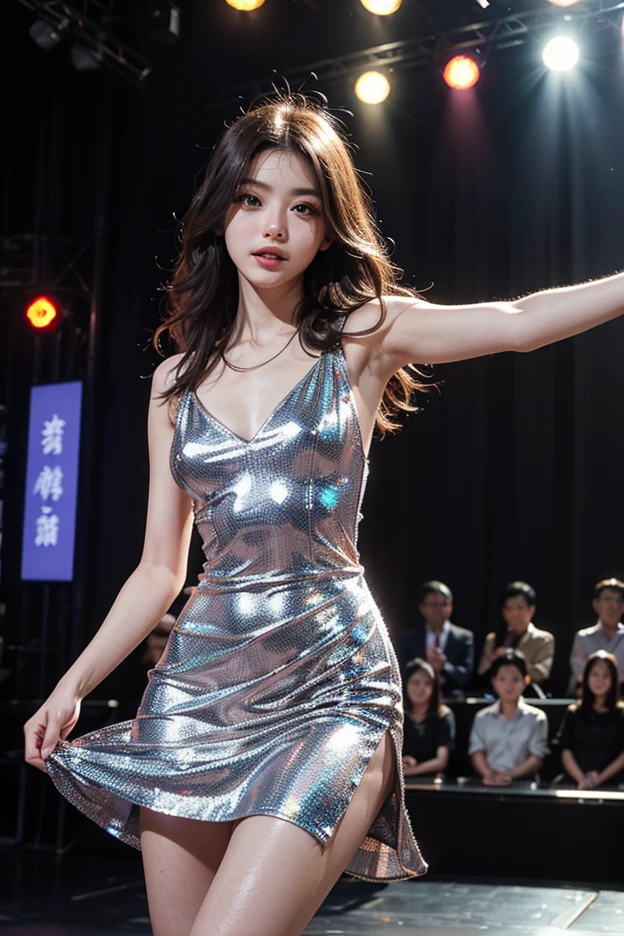 ((masterpiece、highest quality))、shape、Super detailed、8k、realistic、sharp focus、very detailed、professional lighting、Spotlight、colorful details、(A peerless beautiful girl:1.4)、(wearing tight cheongsam clothes:1.35)、(Clothes that allow you to see through your underwear:1.25)、(dance violently:1.3)、detailed texture、perfect style、erotic body、On stage with a luxurious set、in front of a packed audience、look at the audience、18-year-old、smile、