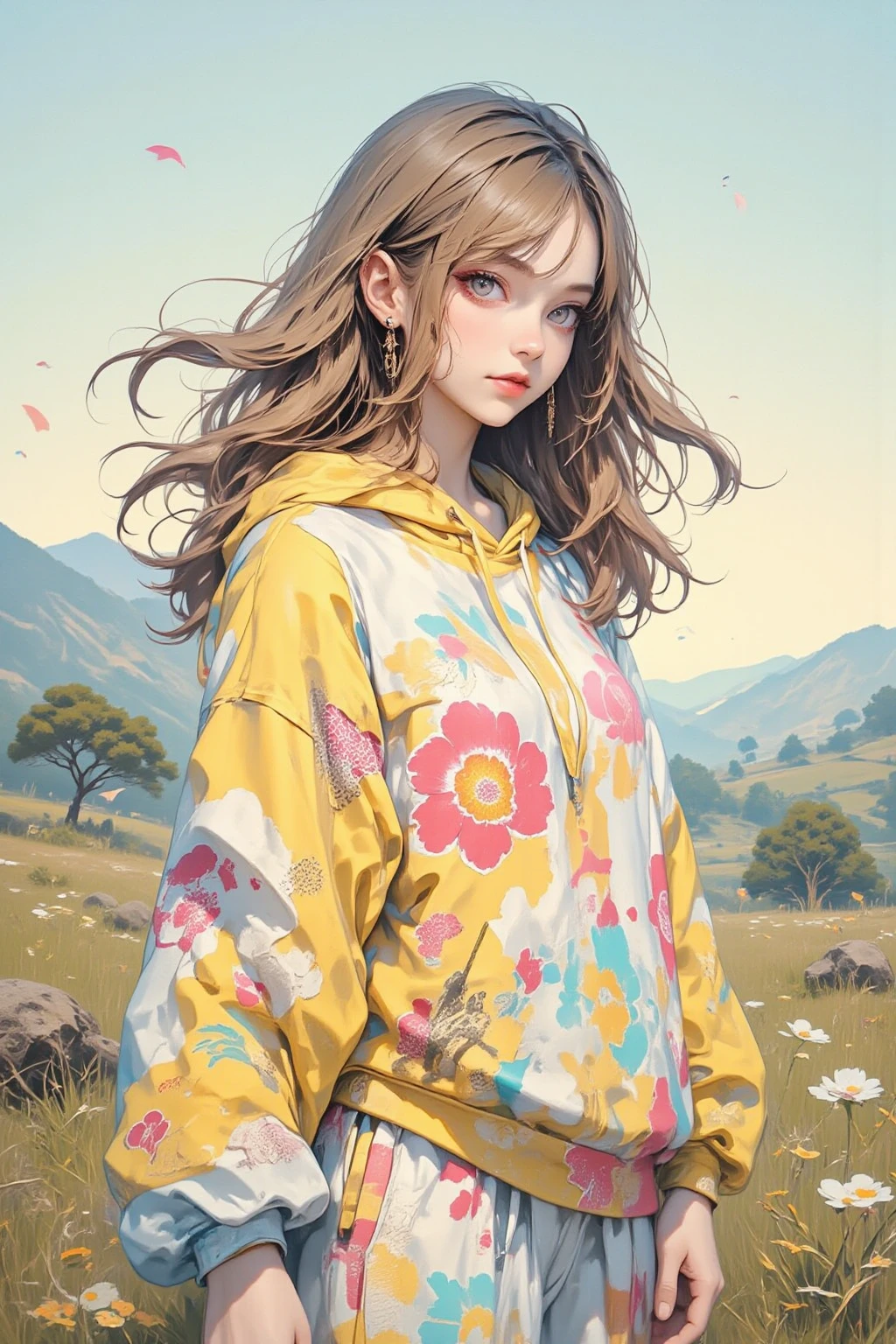 wind景、  wide-angle lens  、Quarter View、1 woman in f、Put your hands on your own hair、look up、 Avoiding Eyes 、hoodie、  horse pants  、[spring（season）、wind、Quality Exquisite Drawing、Light Particles、parting、Departure  、Sunset、watercolor painting（medium）、blurred landscape、slope、Polarized 、Lonely、 Short 、 Masterpiece level 、最佳 Short 、newest、High Quality Detailed Drawing、Reality、獨特wind格、grace 、grace and Beautiful、[ Gentle  and Delicate、Beautiful Charming、Fresh and bright、[warmth & [ Gentle 、[ Gentle  and delicate、Falling Petals、Flying Petals、[warmth and Sensual、grace and charming、Delicate Soft、Exquisite & grace、[warmth and charming、warmth而溫和、Dream grace、 Beautiful 、Dream Delicate、Dream Fresh、Dreamy [ Gentle 、Dreamy [warmth、Beautiful Charming、Dream grace、 Beautiful 、Dream Delicate、Dream Fresh、Dreamy [ Gentle 、Dreamy [warmth