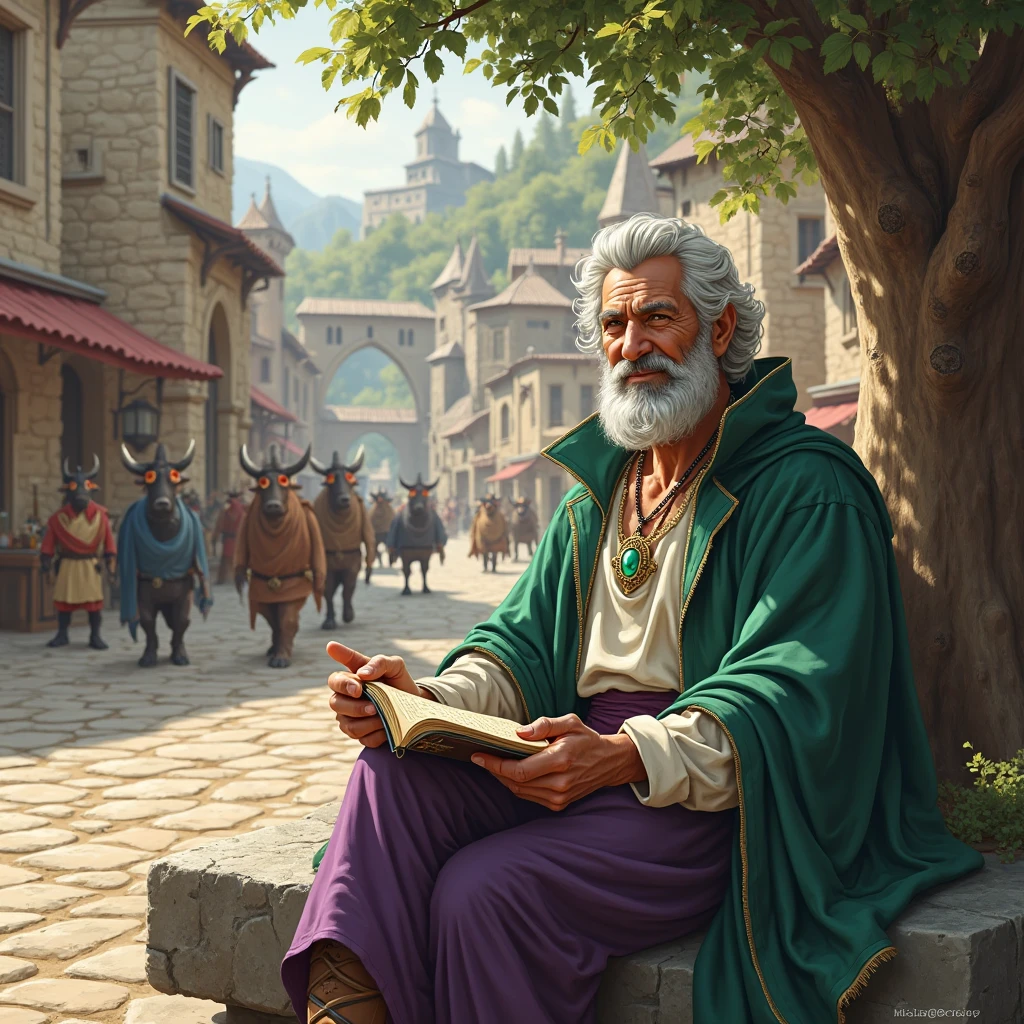 A digital illustration in realistic style fantastic, with a cozy atmosphere and soft late afternoon light.

In an ancient stone square, in the heart of a rustic medieval city inhabited by minotaurs, A middle aged man, is about 50 years old, draws attention with its serene and charismatic presence. He is dark white, careca, with a stylish well-groomed beard, and carries a captivating smile on his face, while observing the movement of the square and taking notes in his aged leather diary.

He is dressed in simple medieval peasant clothes in the colors silver and white, with discreet purple details that indicate a certain refinement. Por cima, he wears a long emerald green cloak, that falls elegantly on his shoulders. On the neck, a gold necklace with a green jewel encrusted, that shines softly in the sunlight, suggesting that there is more to him than meets the eye.

The stone bench where he sits is in the shade of an ancient tree, and in the background you can see the movement of the city: minotaurs of various appearances circulate among tents, sturdy stone and wood buildings, and bullfighting sculptures adorn the corners.  The scene transmits calm , curiosity and a certain mystery — as if that man were studying something bigger than just the everyday life around him.

