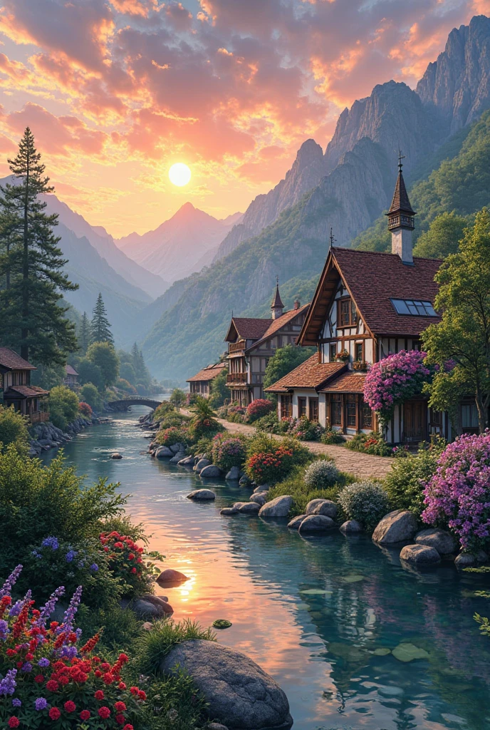 a small village by the river, mountains in the background, floral flowers colorful, detailed landscape, Beautiful natural landscapes, atmospheric lighting, scorching sunset, warm colours, practical, photopractical, Detailed Foliage, complex buildings, cobblestone street, Charming country house, swirly vibrant colors, lush vegetation, Still water reflections, Picturesque, idyllic, work of art, best qualityer, 8k, extremely detaild,anime styling