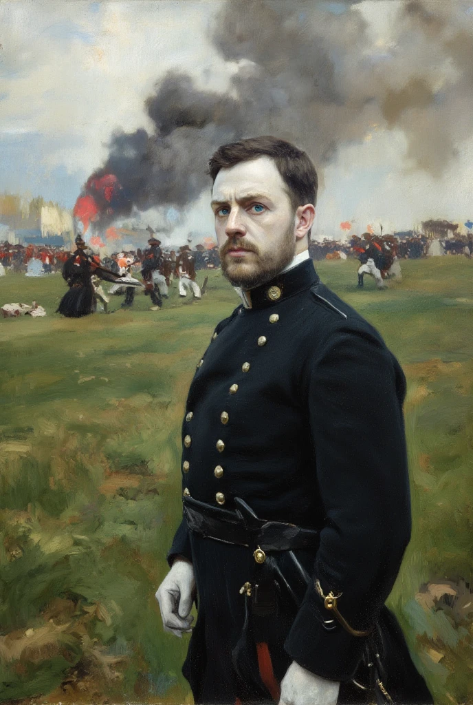 A cinematic portrait of one general Marcello Varro Adriani stood on a open grassy field watching a napoleonic battle unfold in the distance with smoke rising far away, Gazing into the distance, blue eyes, defined jaws, poker face, gigachad, black napoleonic uniform, high quality, detailed hands, detailed face, white skin