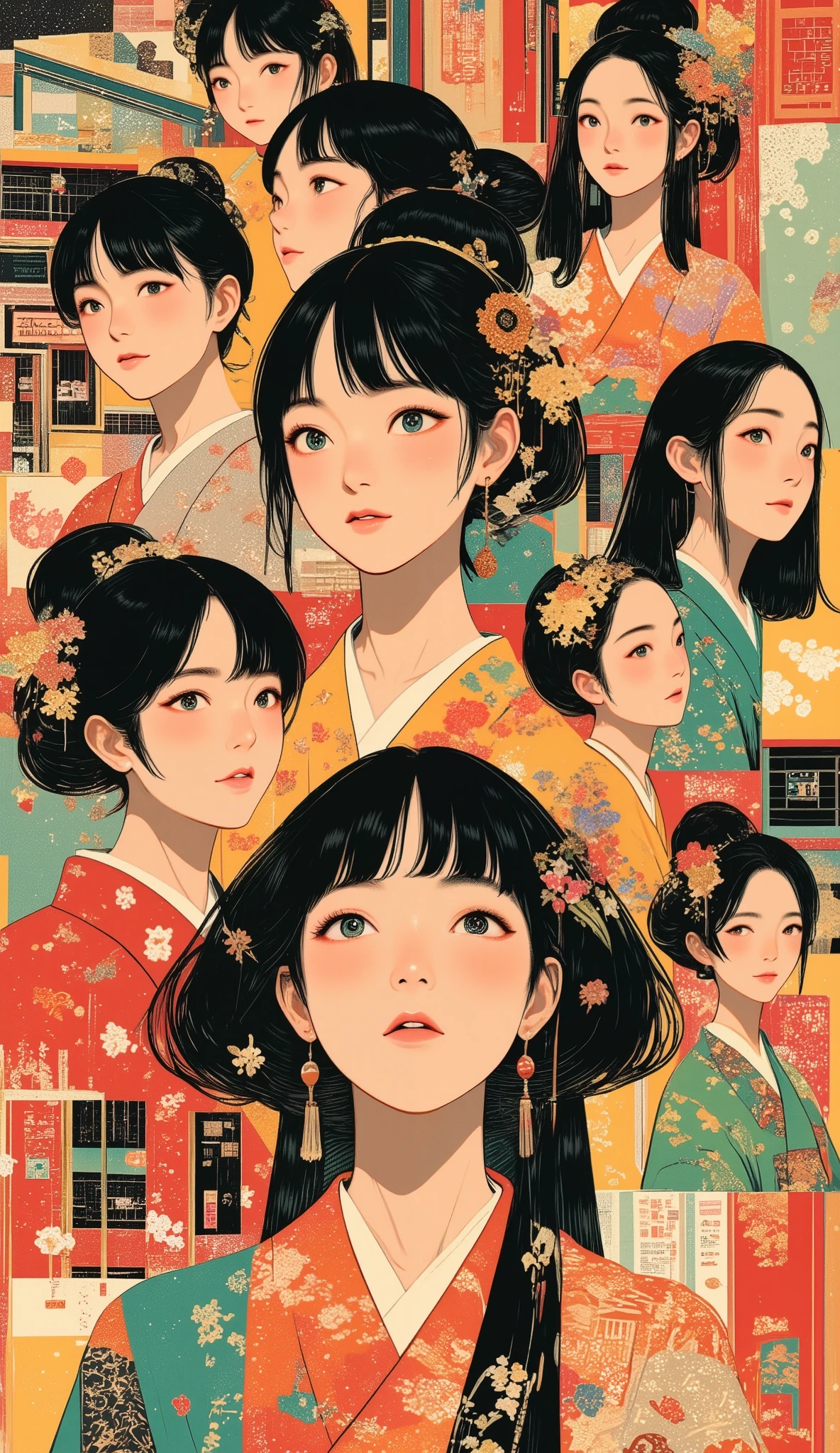 masterpiece, Best Quality, details, sexy,Taisho modern, Big Japanese enka singers, Collage poster pictures、collage with a collection of retro game screens、