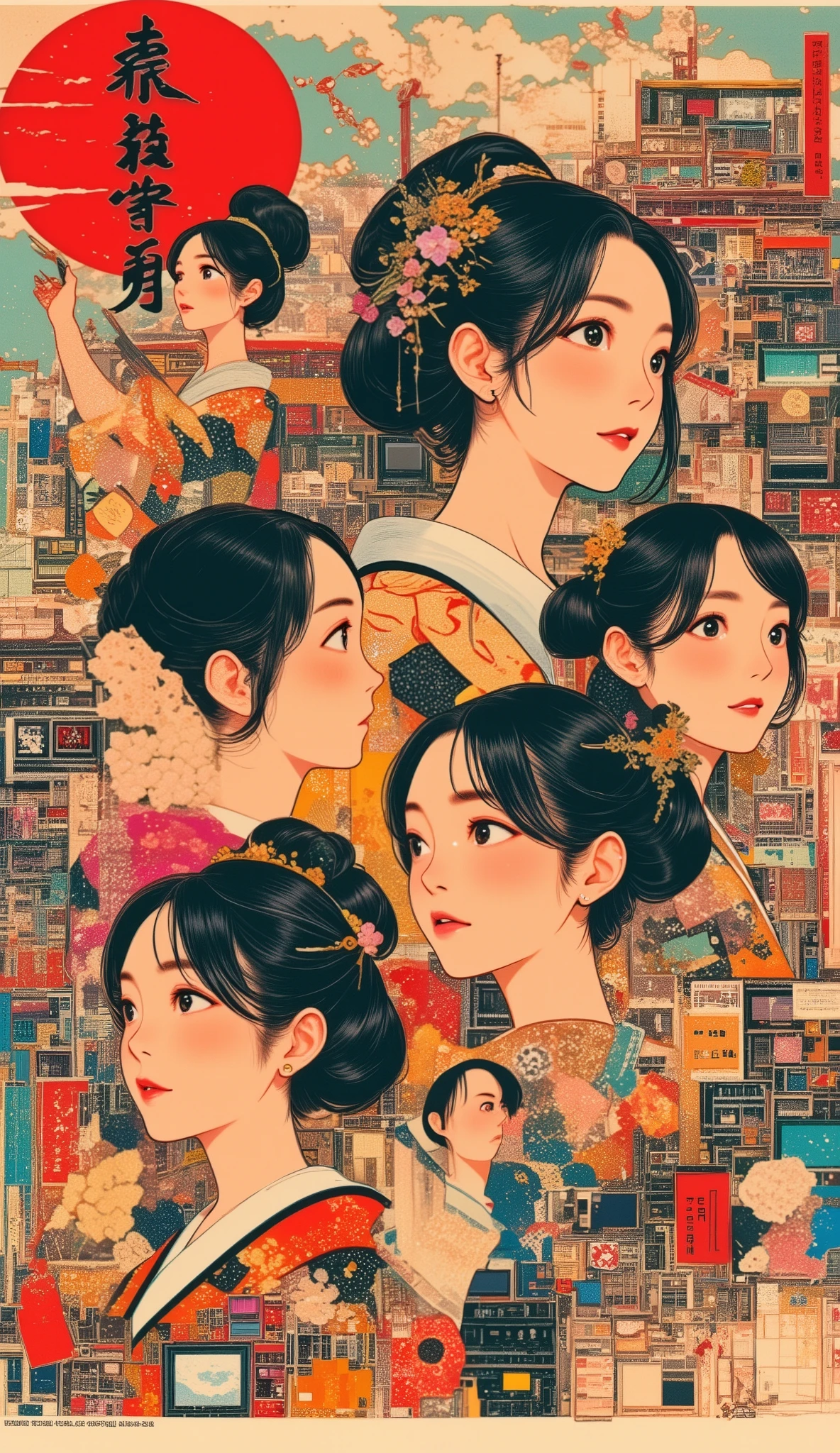 masterpiece, Best Quality, details, sexy,Taisho modern, Big Japanese enka singers, Collage poster pictures、collage with a collection of retro game screens、