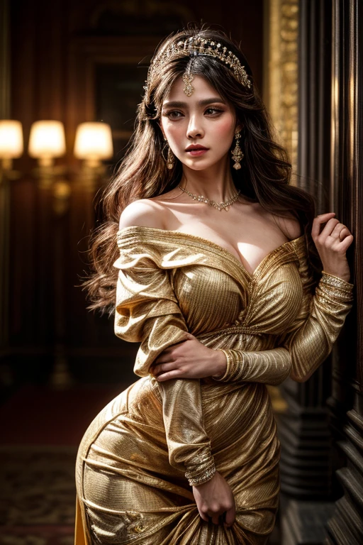 Princess Bella in a super sexy, low-cut yellow princess dress. at her side a brown werewolf looking at her. Busty princess. Background dark castle