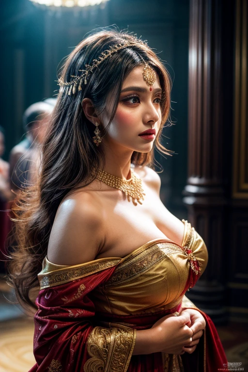 best quality, masterpiece, highres, 1girl, transparent India dress, beautiful face, biggest breasts hair ornament, looking at viewer, smile, closed mouth,lips, dress,hair ornament, necklace, jewelry, long hair, earrings, Beautiful face,upon_body, tyndall effect,photorealistic, dark studio, rim lighting, two tone lighting,(high detailed skin:1.2), 8k uhd, dslr, soft lighting, high quality, volumetric lighting, candid, Photograph, high resolution, 4k, 8k, Bokeh