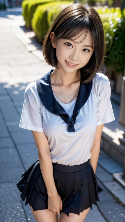 (hand up:1.5),(Wearing a shirt),In town,The skin is wet from sweat,OL,looking at the camera,Cleavage,smile,skirtリフト、skirtを手で上げる,woman, 20-year-old, Short Hair、bangs、(skirt),(White lace panties)、Cute earrings,Natural lighting