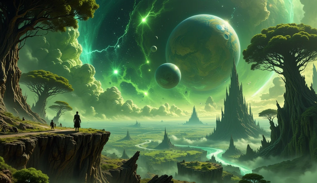 Kepler 22b, A gas giant with a habitable satellite, to create a green environment, (( a lot of whimsically curved trees)), (( a lot of strange, fabulously beautiful and bright colors)),  ((Front view)) two men, conquerors of worlds, walk along a wide path, One, sitting on a cliff by the road, waiting for the second, лежат не нужные опрокинутые empty  инвалидные кресла, ((empty  инвалидные кресла)) (( empty )) alien flora and fauna, (( разнообразная alien flora and fauna )), ((  strange alien animals are running through a clearing)), (( big age-old trees,   The foliage  , Seems, glows from the inside))    glowing flowers   