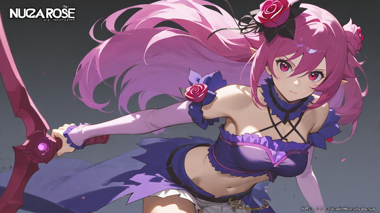 masterpiece, best quality, highres, ram1, 1girl, solo, ram \(re:zero\), pink hair, white thighhighs, short hair, red eyes, hair over one eye, ribbon trim, hair ribbon, x hair ornament, frills, maid headdress, waist apron, garter straps, black ribbon, small breasts, long sleeves, white apron, neck ribbon, purple ribbon, wide sleeves, hair flower,