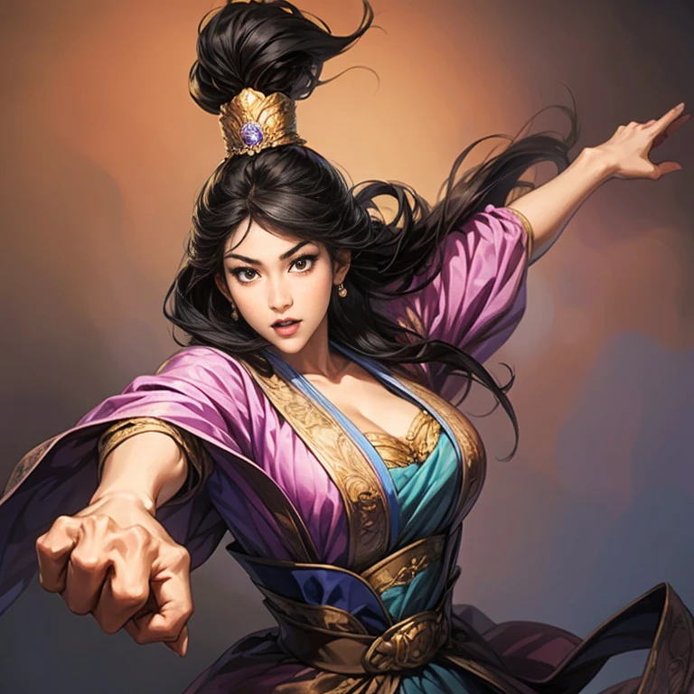 ((  from head to toe)), Three  period paintings  , Female solo ,  Beautiful young woman ,  meme,  perfect hands  , (  black hair ),   set her eyes straight  ,   Excited face , Varied forms of  expression,  Fully varied positions ,   stance,amazing background ,  Blurred image ,Long release hairstyle 