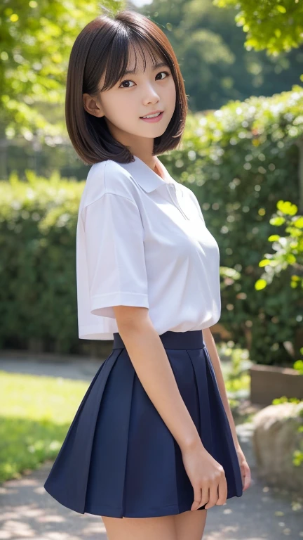 Best Quality, masutepiece, 8K, High resolution, Ultra-detailed, (portrait),(:1.5),black hair, short hair, hair clip, shiny skin, smile, summer, blue sky, ocean,white_see_through_school_shirts,micro_gray_school_skirt,(thighs_shot:1.5),(flat_chest:1.3),sitting,(show_pussy),