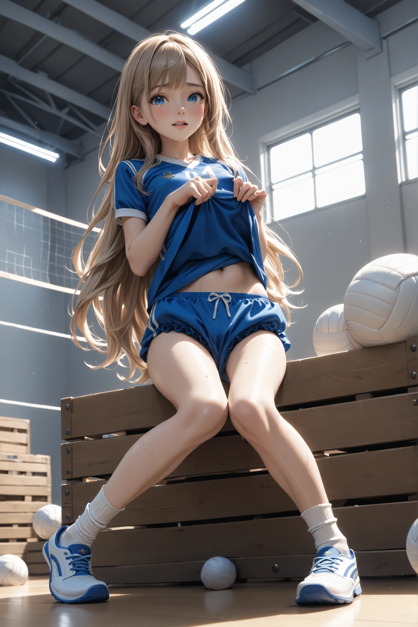 nsfw,masterpiece,top quality,High Resolution,uncorrected,Extreme low angle,from toe to head,dynamic lighting,little cute slender girl,light-brown very long hair,ponytailt,shine blue eyes,brigtht eyes,small breasts,small pink erect nipples,tears,(((sweating))),(((is embarrassing))),Sports warehouse,gym storeroom,vaulting horse,volleyball uniform,(((Navy blue bloomers))),cute white bra,white panties,knee socks,athletic shoes,volleyball,lying down a vaulting horse,((sprreading legs)),bound restraing rope ankle leather on vaulting horse,open clothes bra,bare nipple,open clothes panties,bare vagina,lifted by uniform,hands up,opened by self,bloomers pull down,panties pull down,