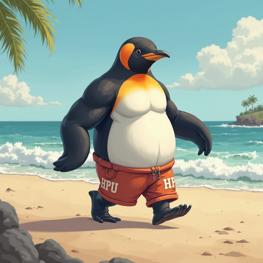 Solo female, toucan, avian, bird, chubby, black feathers, blue bikini, flower lei, holding coconut drink, sitting under umbrella, beach towel, beach, Hawaiian, tropical, palm trees in background