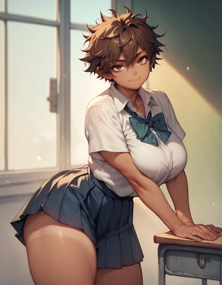 (masterpiece, best quality;1.3),extremely beautiful detailed anime face and eyes,extremely detailed illustrations,1girl, solo, 18-year-old、((日本のAcademy服姿:1.5))、(sweat,sweaty and wet clothes、Collared short sleeve white shirt、white crop shirt、showing off her wet white panties:1.2、camel toe,purple tie、Navel is visible,navy pleated mini skirt,detailed skin, dark skin,oily skin,smaller head、ideal ratio body proportions,slender body,medium breast,cowboy shot, shy look、 nadia,short cut hair,dark purple hair,sitting、M type spread legs:1.2,spread legs,legs up,hand holding own leg、sadamoto yoshiyuki,storehouse、Dim interior lighting、Academy、